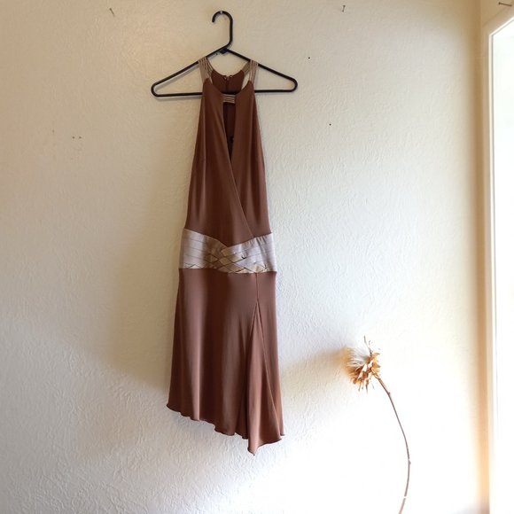 Vintage 90s Keyhole Asymmetric Mocha/Tan Flapper Inspired Dress - Picture 2 of 16